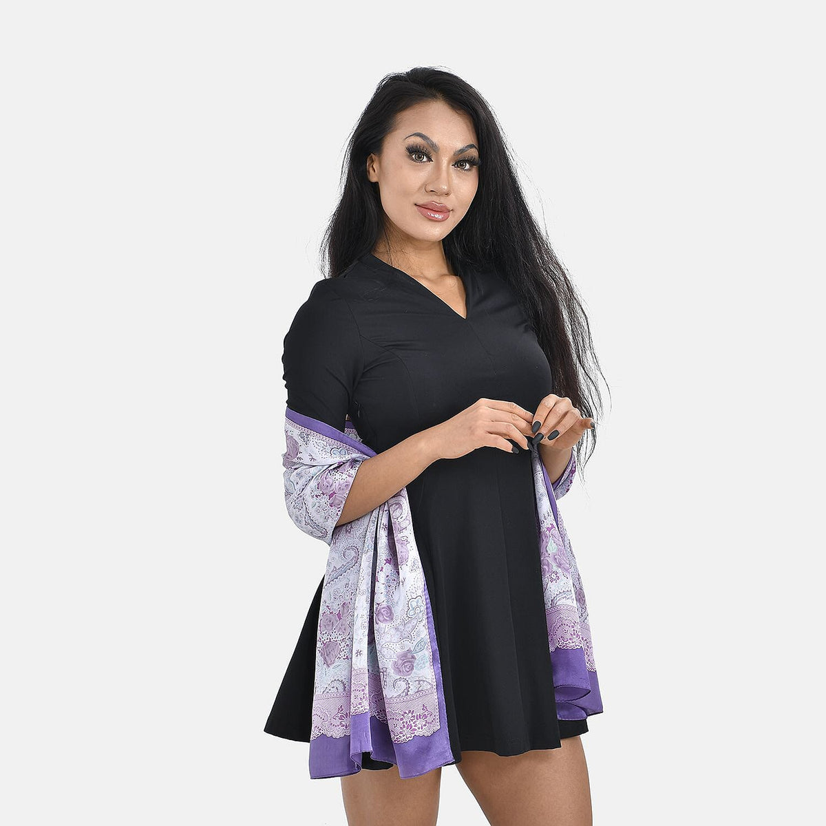 La Marey 100% Mulberry Silk Floral Pattern Scarf (Size 170x52 cm) - White &amp; Light Purple &amp; Rose 7490026 1