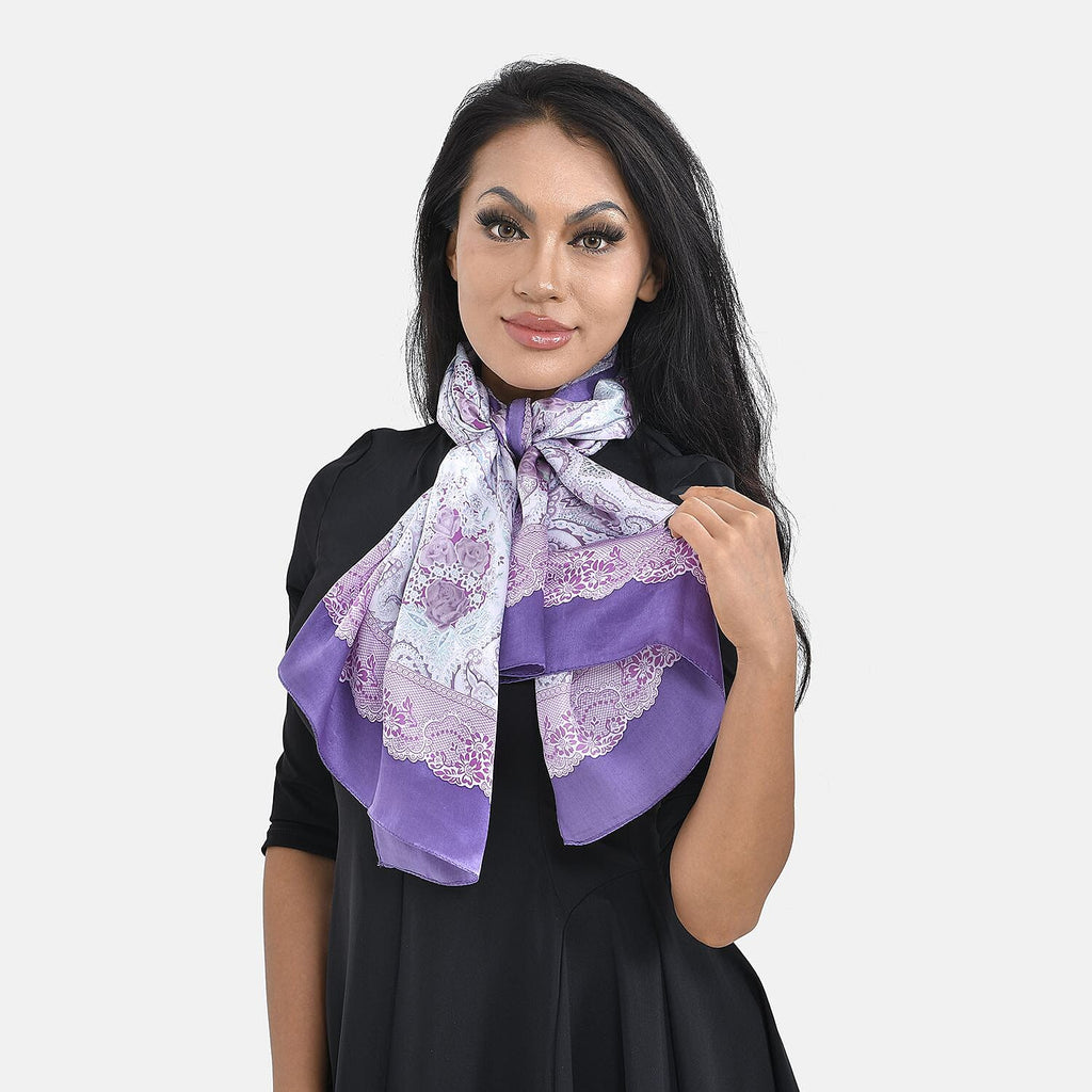 La Marey 100% Mulberry Silk Floral Pattern Scarf (Size 170x52 cm) - White & Light Purple & Rose