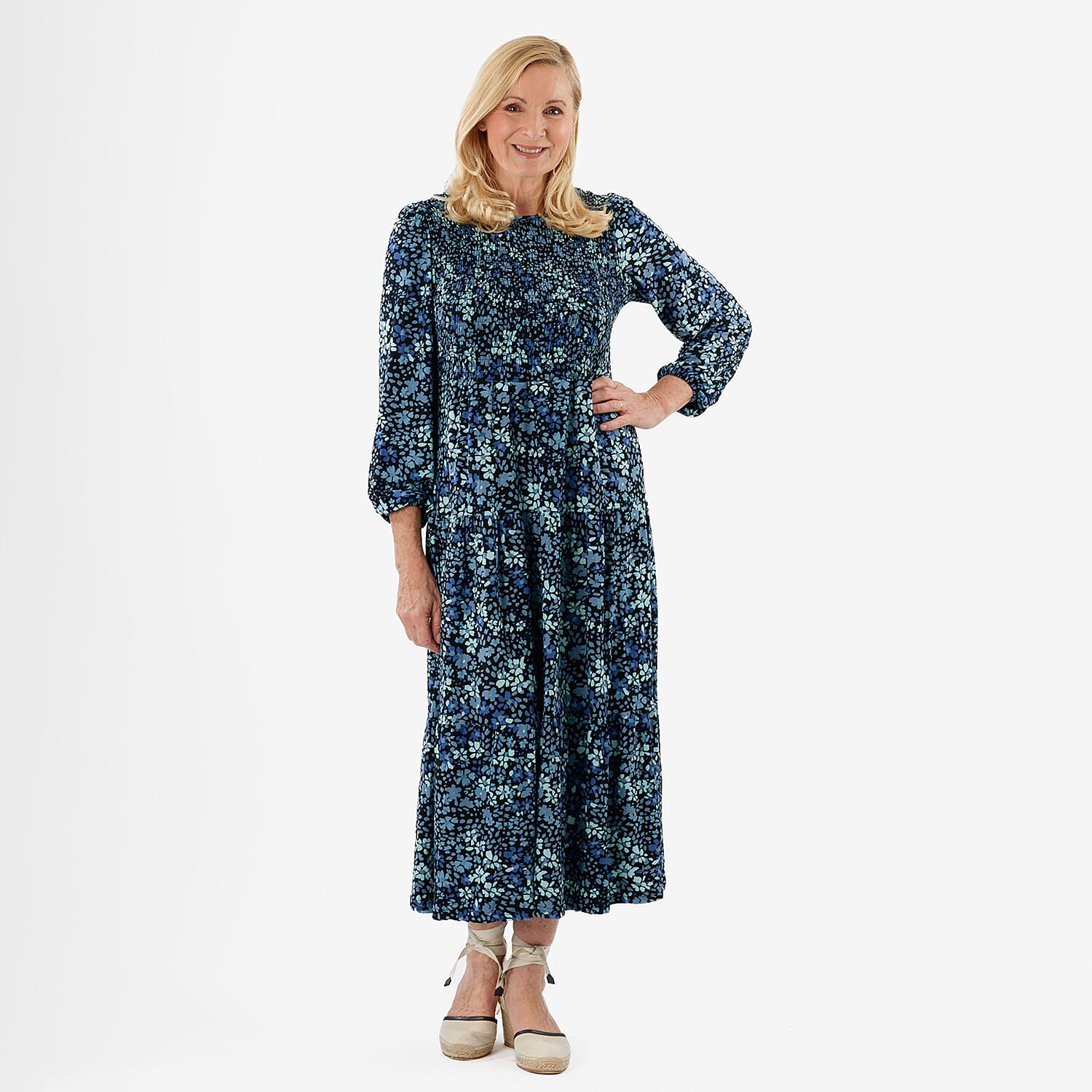 La Marey Soft Touch Knitted Shirred Dress (Size L) - Blue Floral 8111548 0