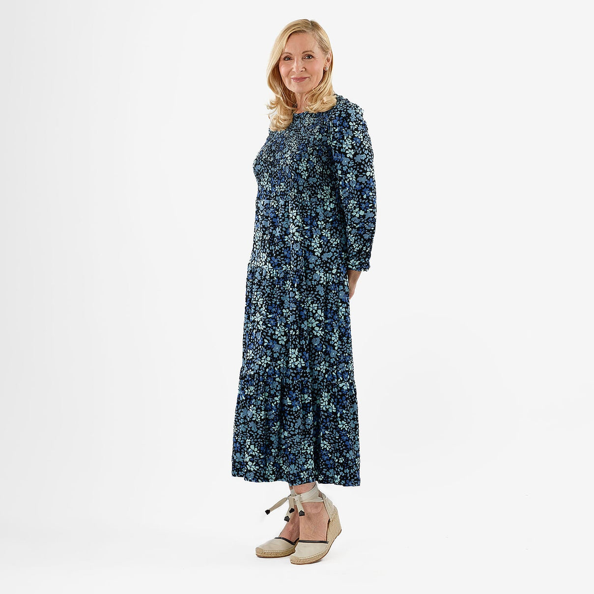 La Marey Soft Touch Knitted Shirred Dress (Size L) - Blue Floral 8111548 1