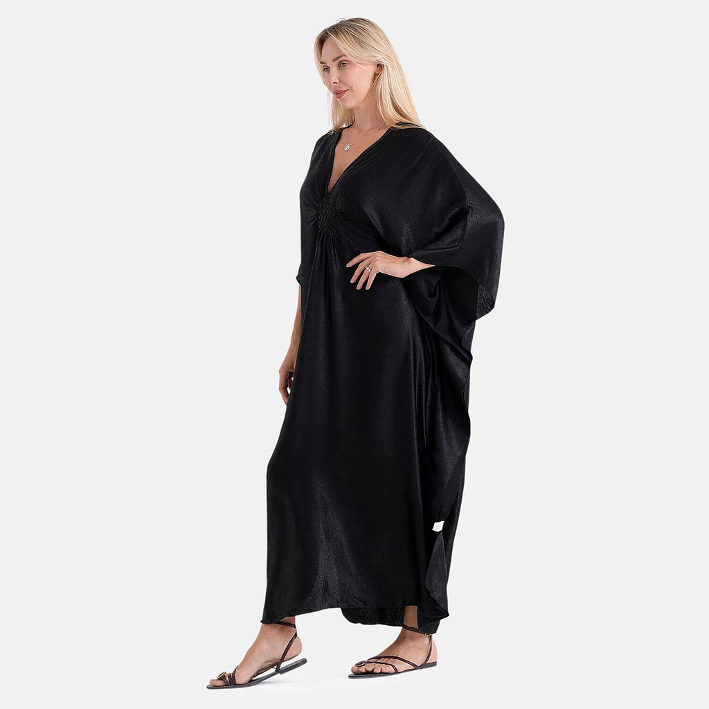 La Marey Soft Silk Touch Gathered Front Kaftan (Size - One Size) - Black