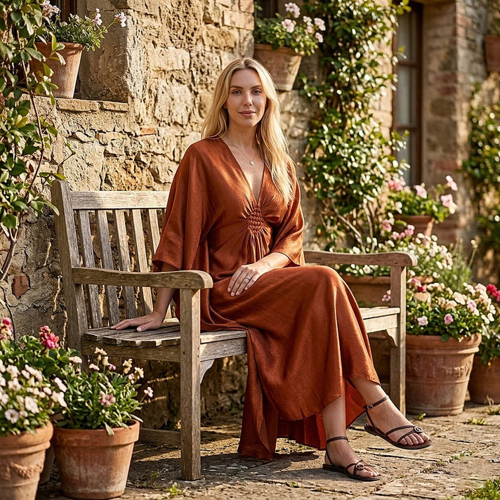La Marey Soft Silk Touch Gathered Front Kaftan (Size 10-22) - Alloy Orange V32617553 2
