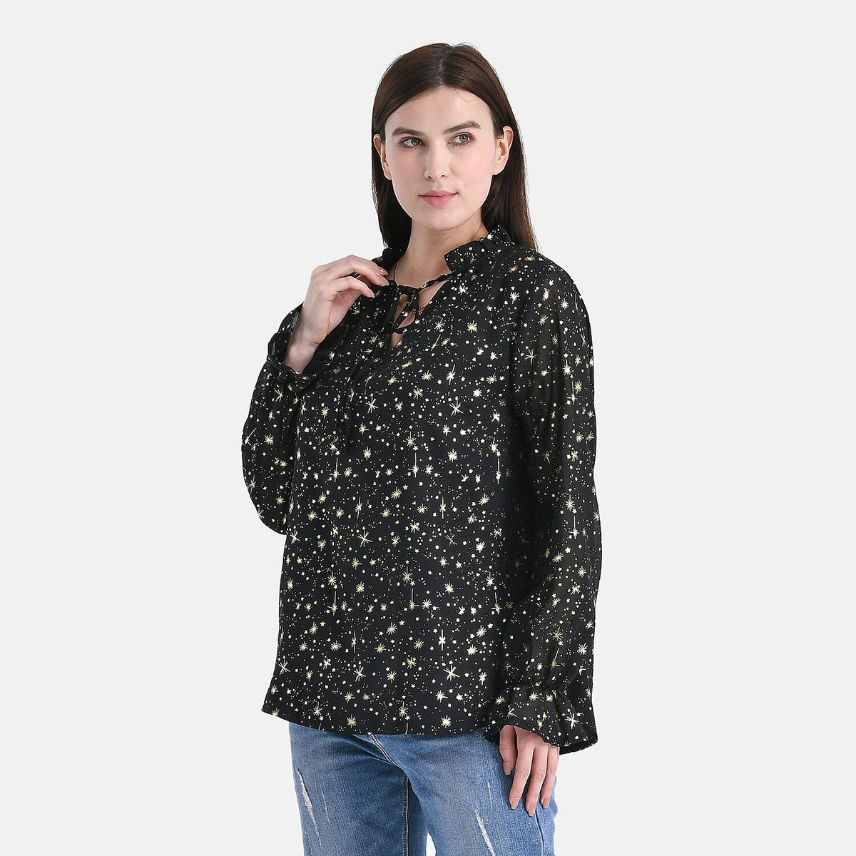 La Marey Gold Foil Star Pattern Crepe Blouse (Size S, 8 to 10) - Black V32605540 0