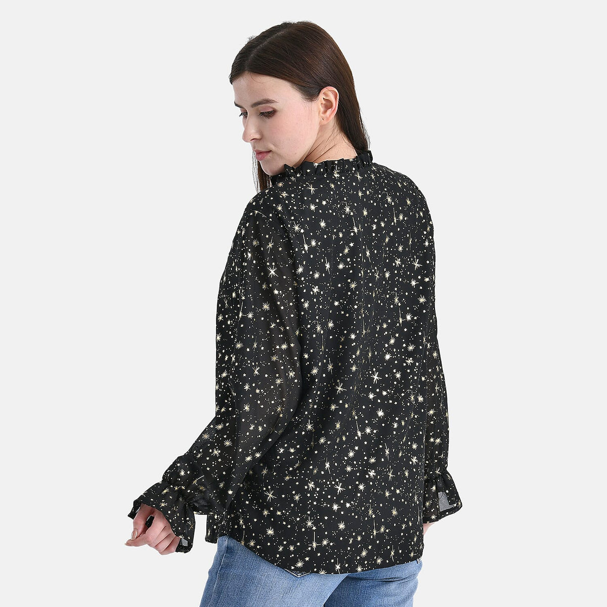 La Marey Gold Foil Star Pattern Crepe Blouse (Size S, 8 to 10) - Black V32605540 2