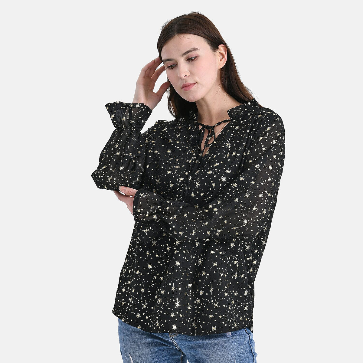 La Marey Gold Foil Star Pattern Crepe Blouse (Size S, 8 to 10) - Black V32605540 3