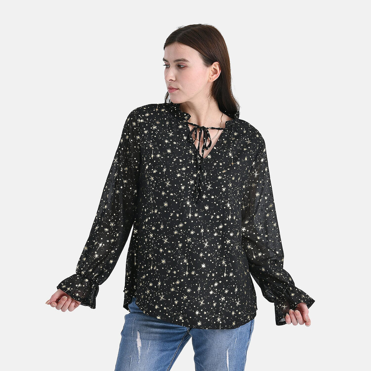 La Marey Gold Foil Star Pattern Crepe Blouse (Size S, 8 to 10) - Black V32605540 4