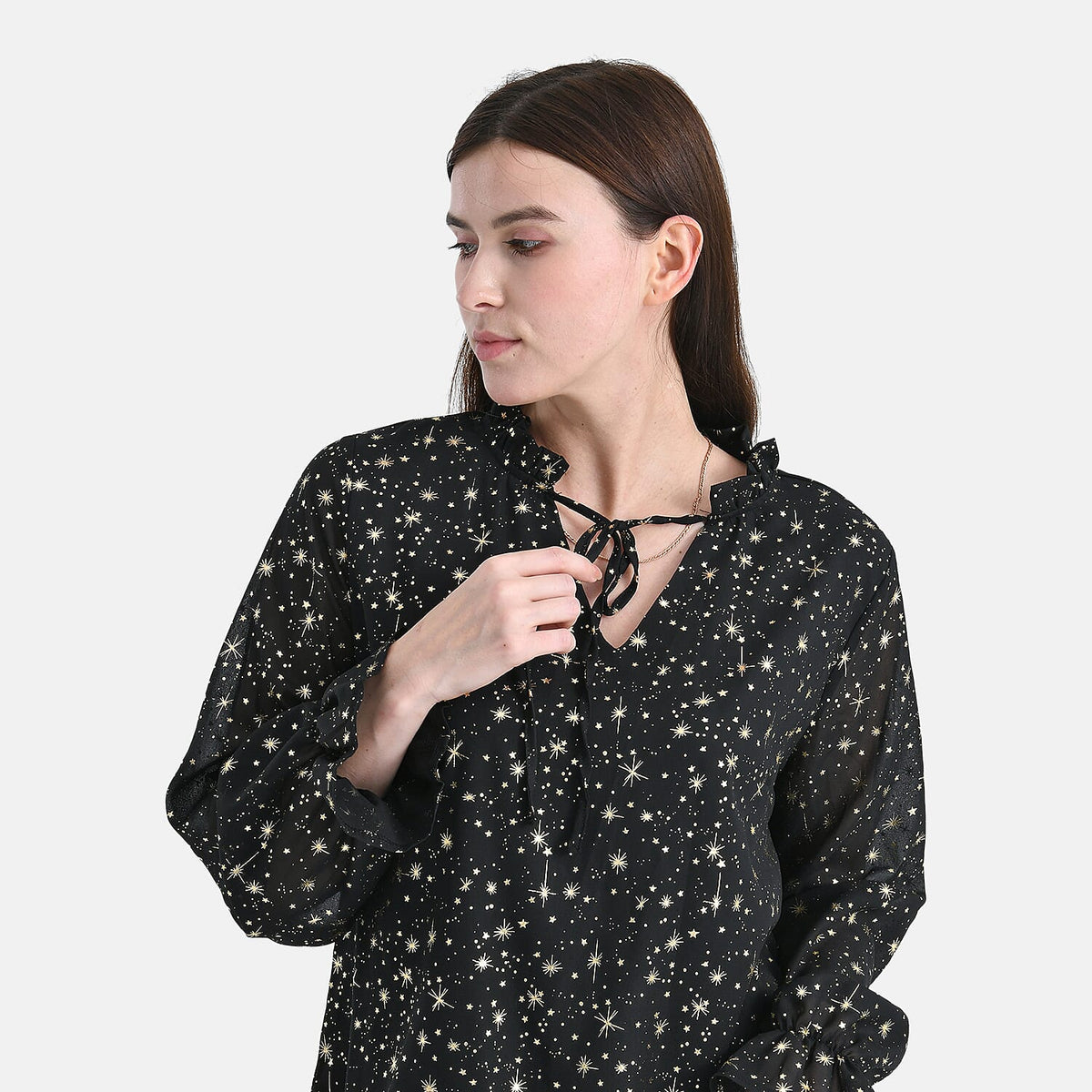 La Marey Gold Foil Star Pattern Crepe Blouse (Size S, 8 to 10) - Black V32605540 5