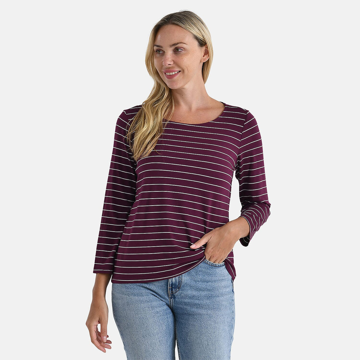 La Marey Striped Viscose Stretch T-shirt (Size XL, 20-22) - Dark Purple &amp; White V32515041 3