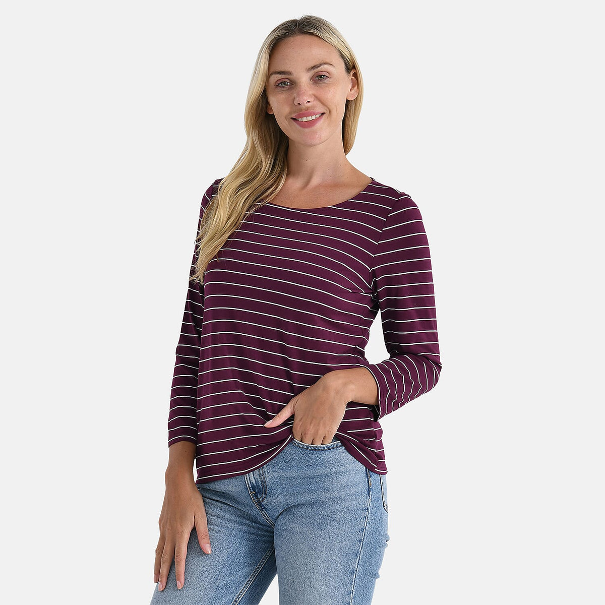 La Marey Striped Viscose Stretch T-shirt (Size XL, 20-22) - Dark Purple &amp; White V32515041 4