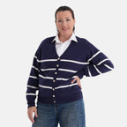 La Marey V-Neck Striped Cardigan (Size - L, 16-18) - Navy & White