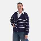 La Marey V-Neck Striped Cardigan (Size - L, 16-18) - Navy & White