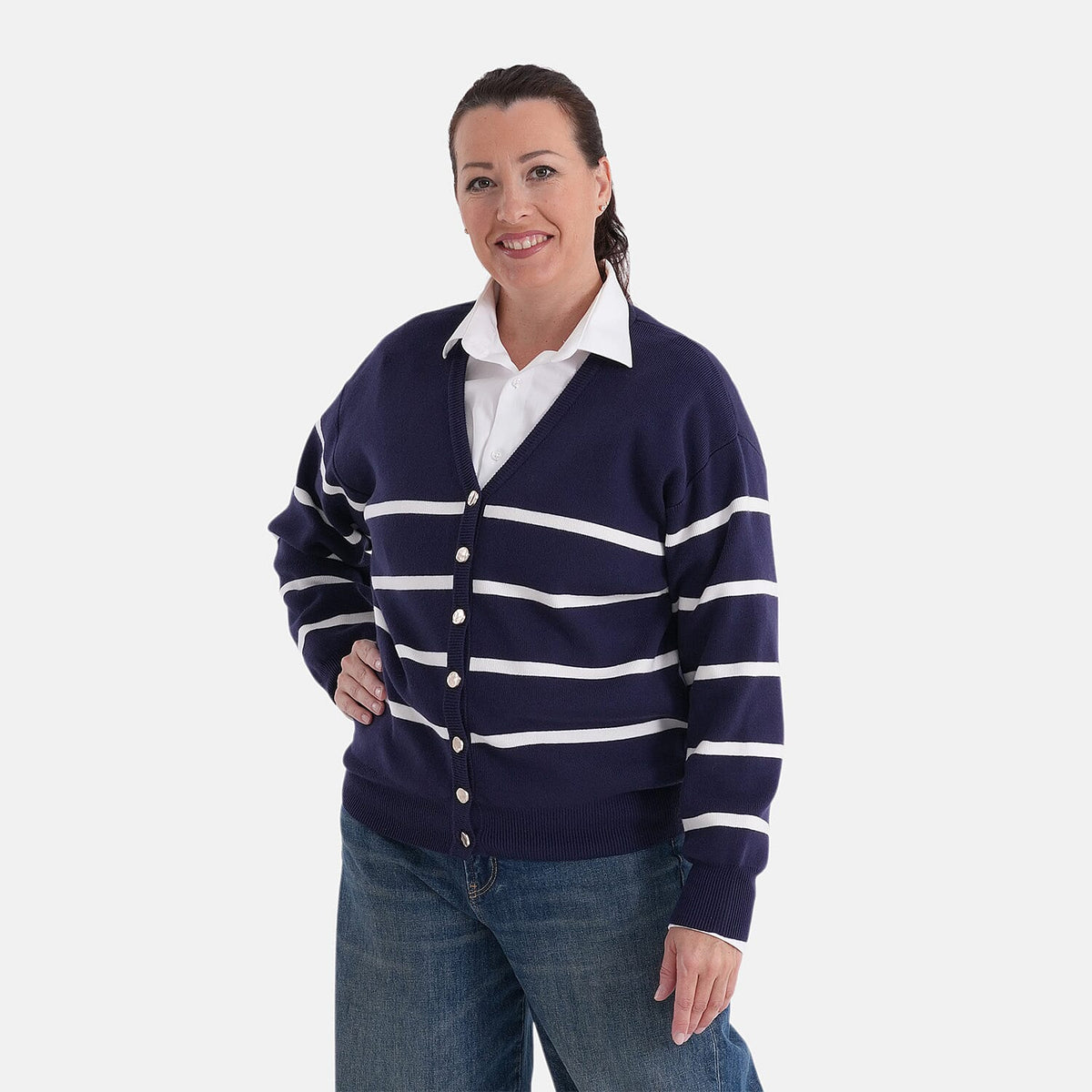 La Marey V-Neck Striped Cardigan (Size - L, 16-18) - Navy &amp; White V32520515 3
