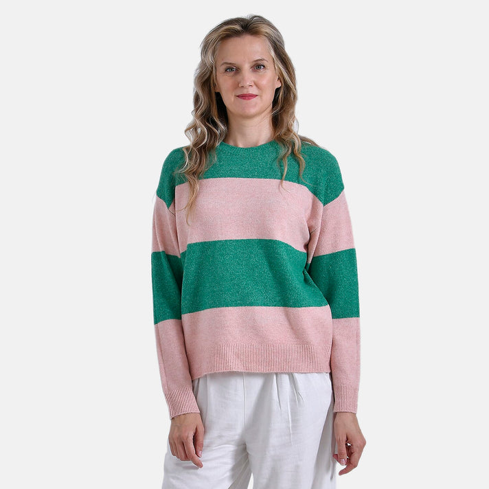 Ladies Casual Striped Crewneck Jumper (Size L) - Pink - Green 7957317 1