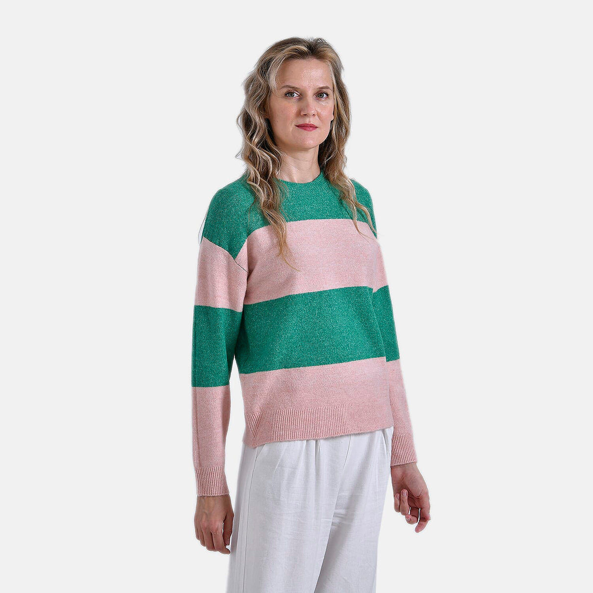 Ladies Casual Striped Crewneck Jumper (Size L) - Pink - Green 7957317 3