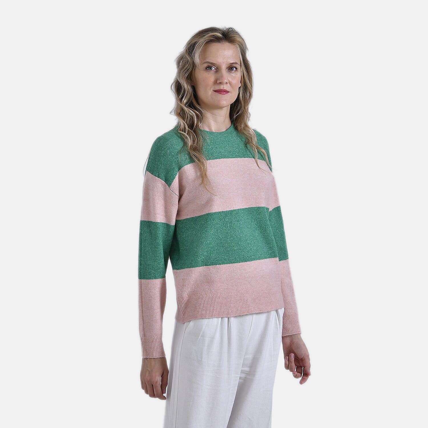 Ladies Casual Striped Crewneck Jumper (Size L) - Pink - Green 7957317 3