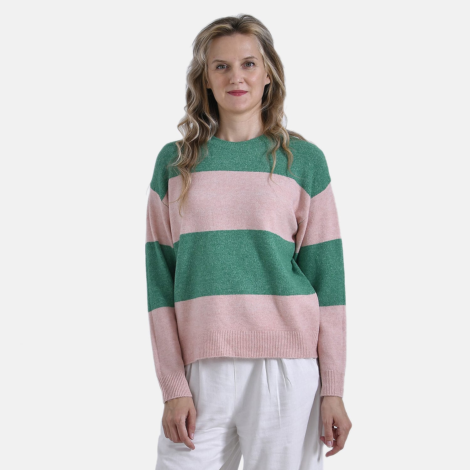 Ladies Casual Striped Crewneck Jumper (Size L) - Pink - Green 7957317 5