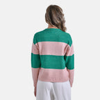 Ladies Casual Striped Crewneck Jumper (Size L) - Pink - Green