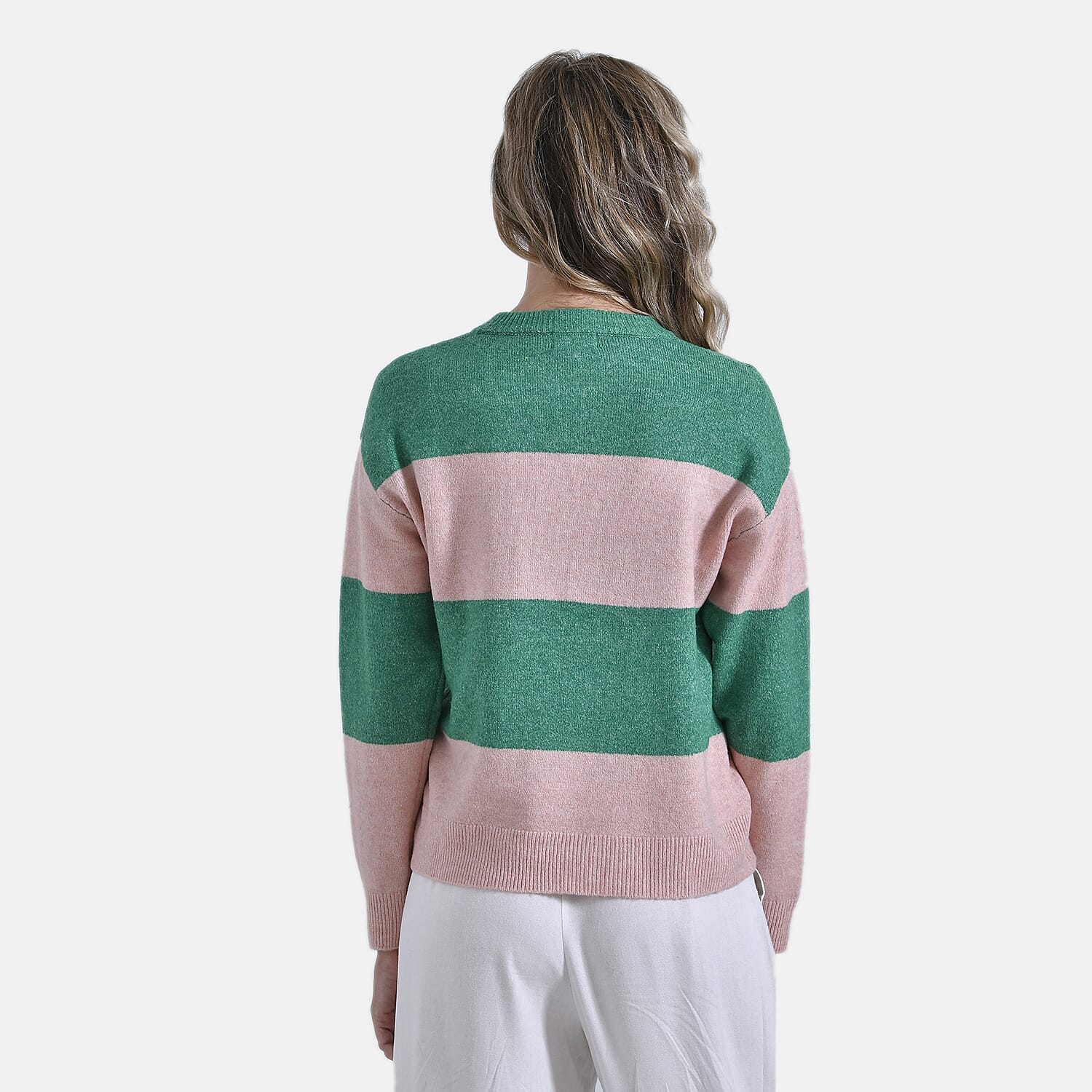 Ladies Casual Striped Crewneck Jumper (Size L) - Pink - Green 7957317 6