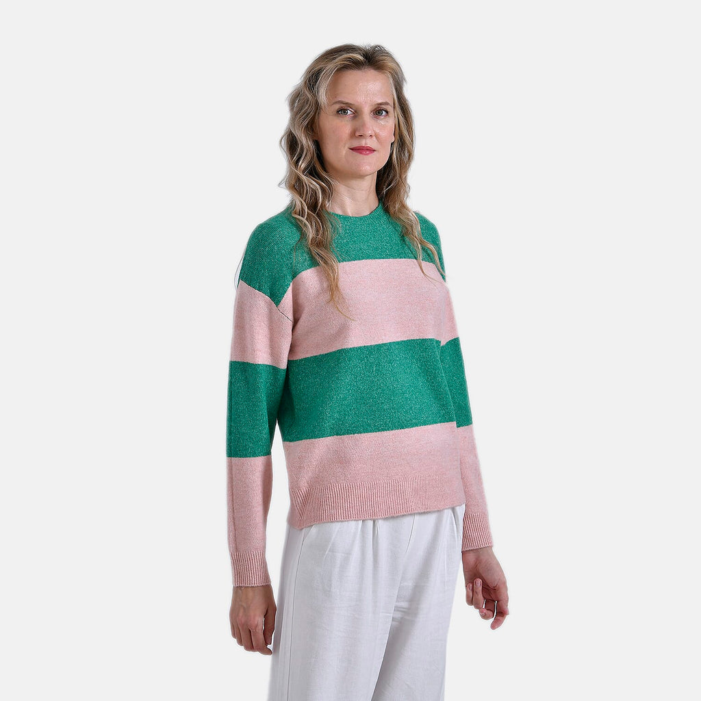 Ladies Casual Striped Crewneck Jumper (Size L) - Pink - Green