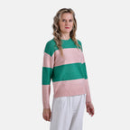 Ladies Casual Striped Crewneck Jumper (Size L) - Pink - Green