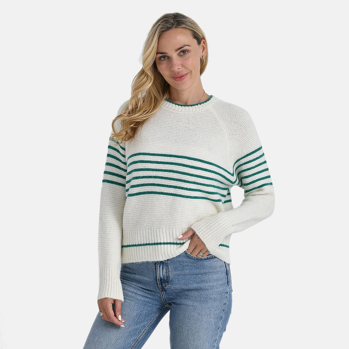 La Marey Striped Knitted Jumper (Size L) - Off-White &amp; Green 8225727 2