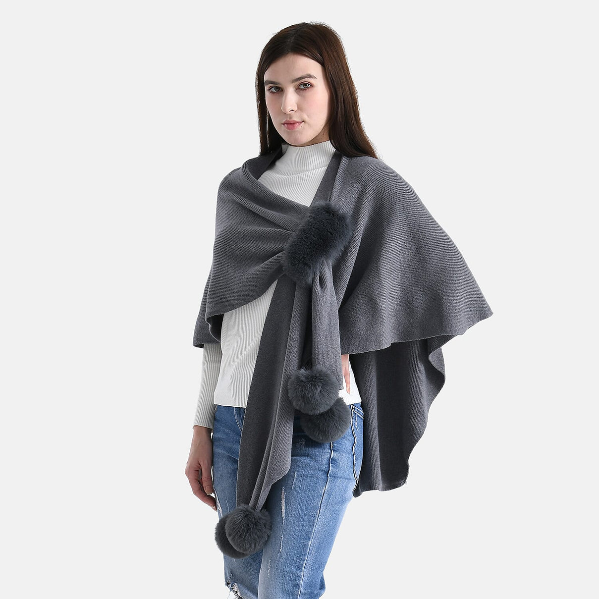 La Marey Super Soft Faux Fur Trim Shawl (145 x 100cm) - Grey 8231901 0