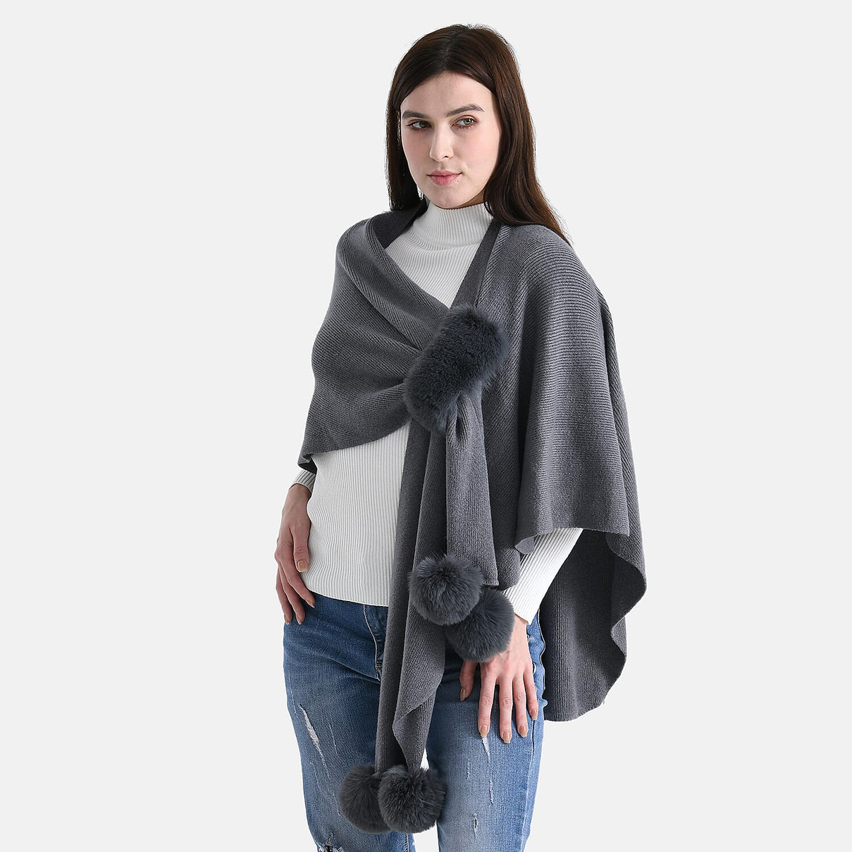 La Marey Super Soft Faux Fur Trim Shawl (145 x 100cm) - Grey 8231901 2