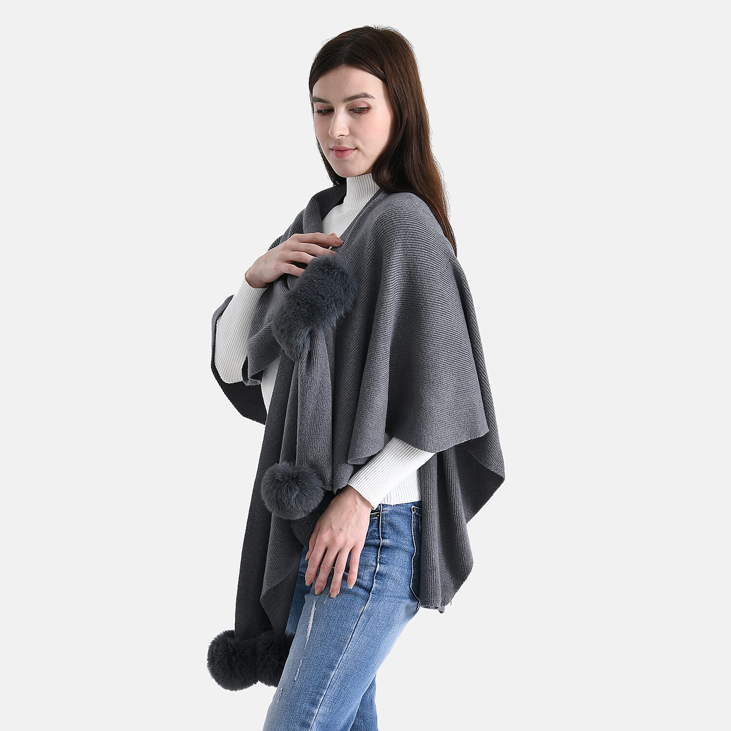 La Marey Super Soft Faux Fur Trim Shawl (145 x 100cm) - Grey 8231901 3