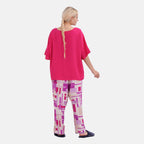 LA MAREY 100% Viscose Loungewear Sets (Short Sleeves Top with Patchwork Printed Trousers) - Purple - Multi (Size L)