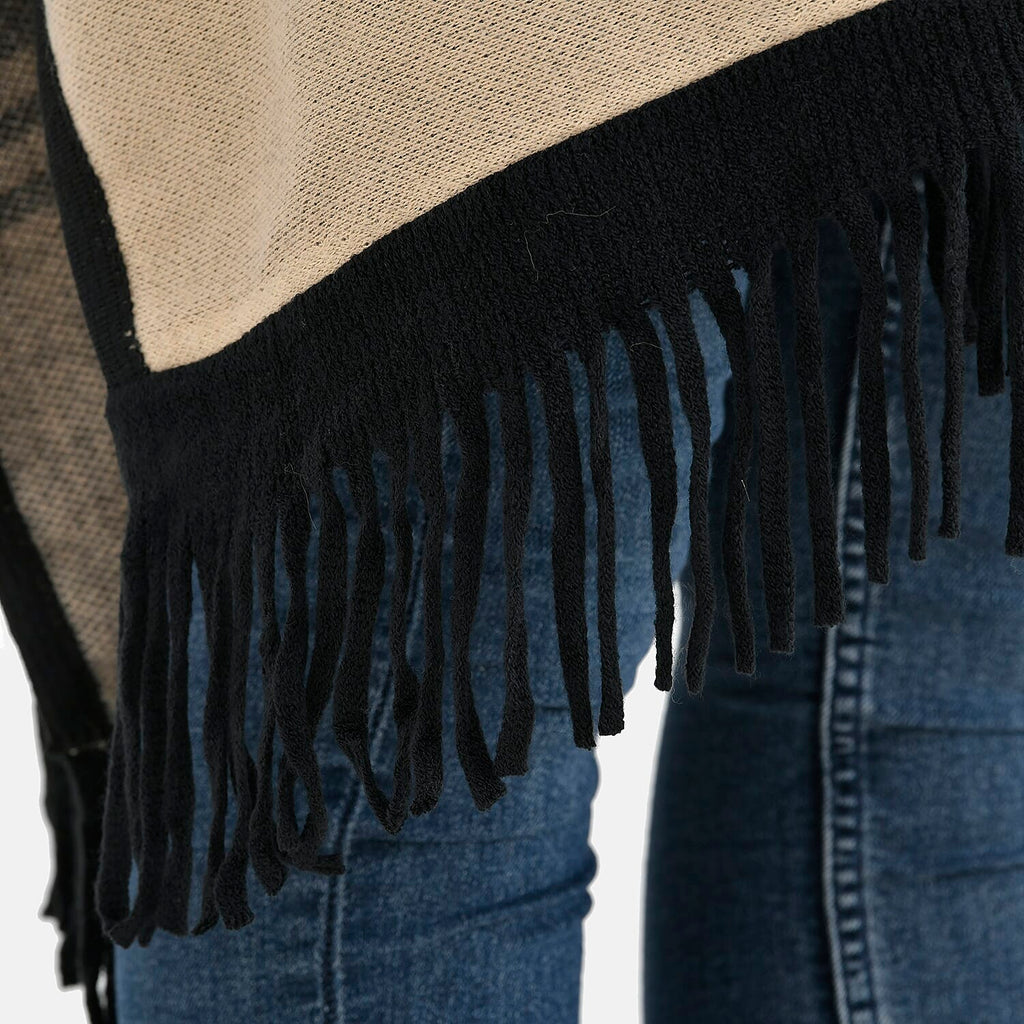 La Marey Faux Fur Trim Striped Poncho (One Size) - Black - White