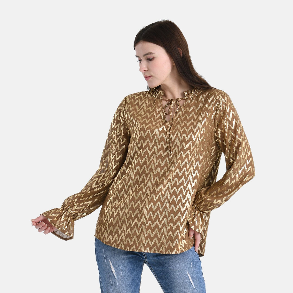La Marey Gold Foil Wave Pattern Crepe Blouse (Size L, 16 to 18) - Brown 8224282 0