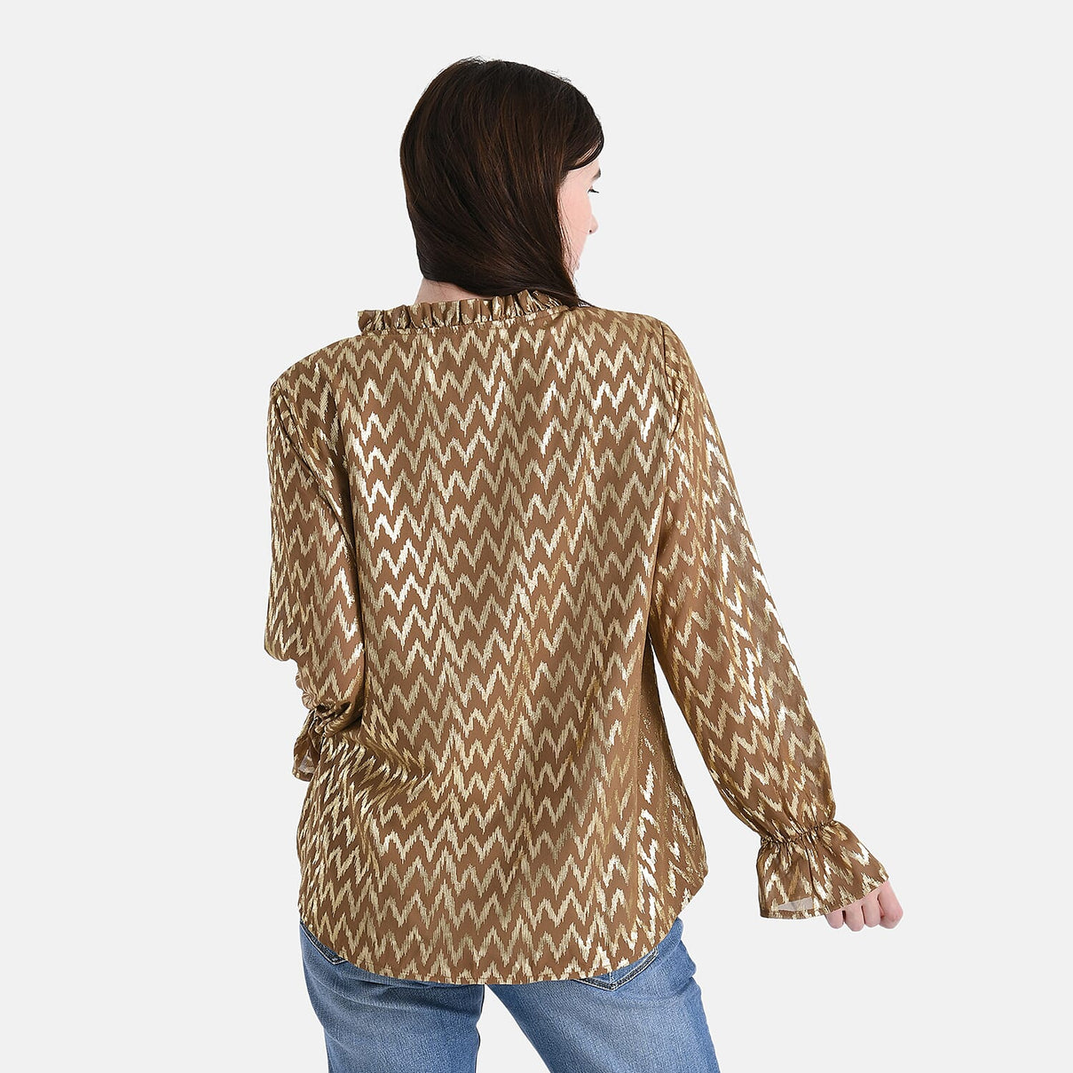 La Marey Gold Foil Wave Pattern Crepe Blouse (Size L, 16 to 18) - Brown 8224282 2
