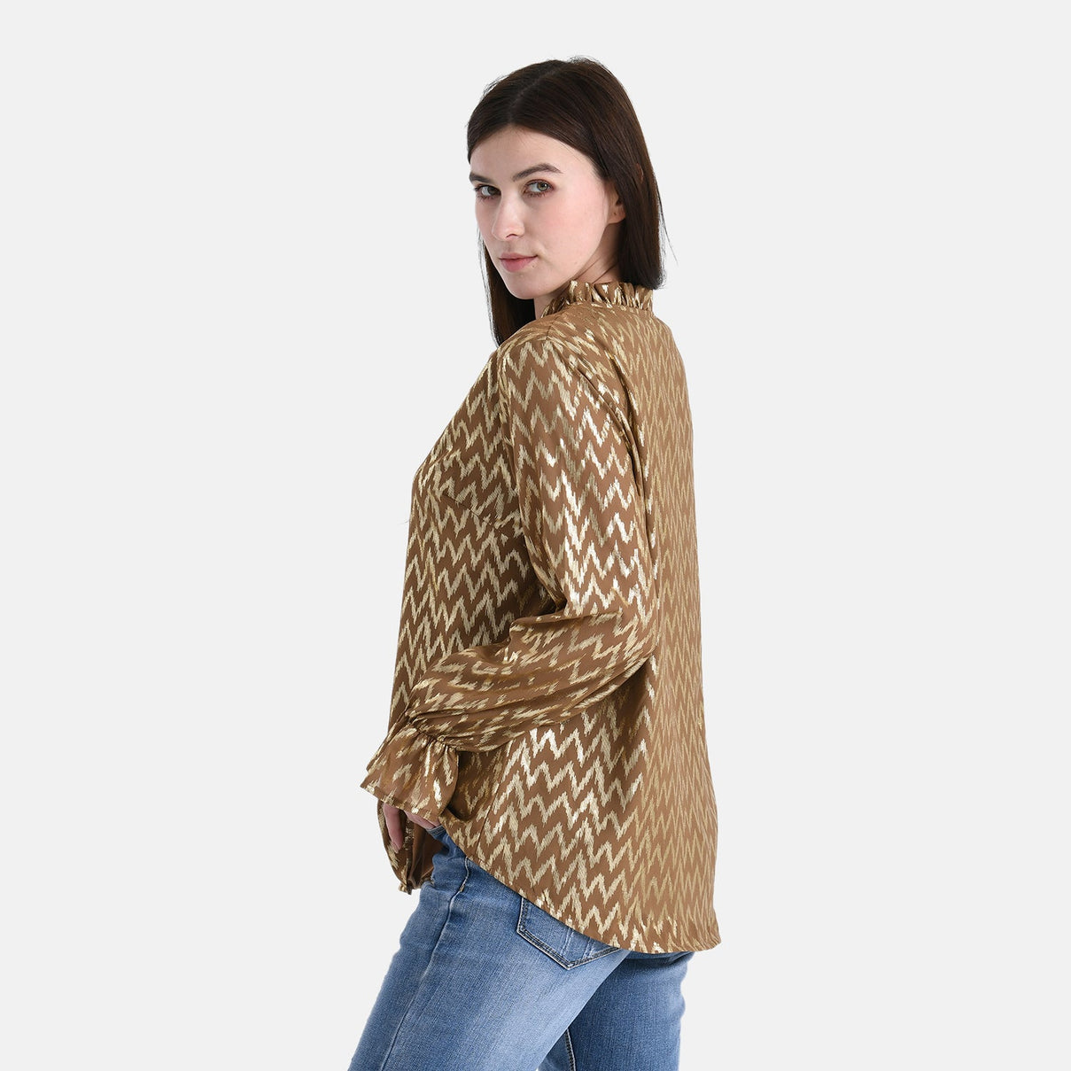 La Marey Gold Foil Wave Pattern Crepe Blouse (Size L, 16 to 18) - Brown 8224282 3
