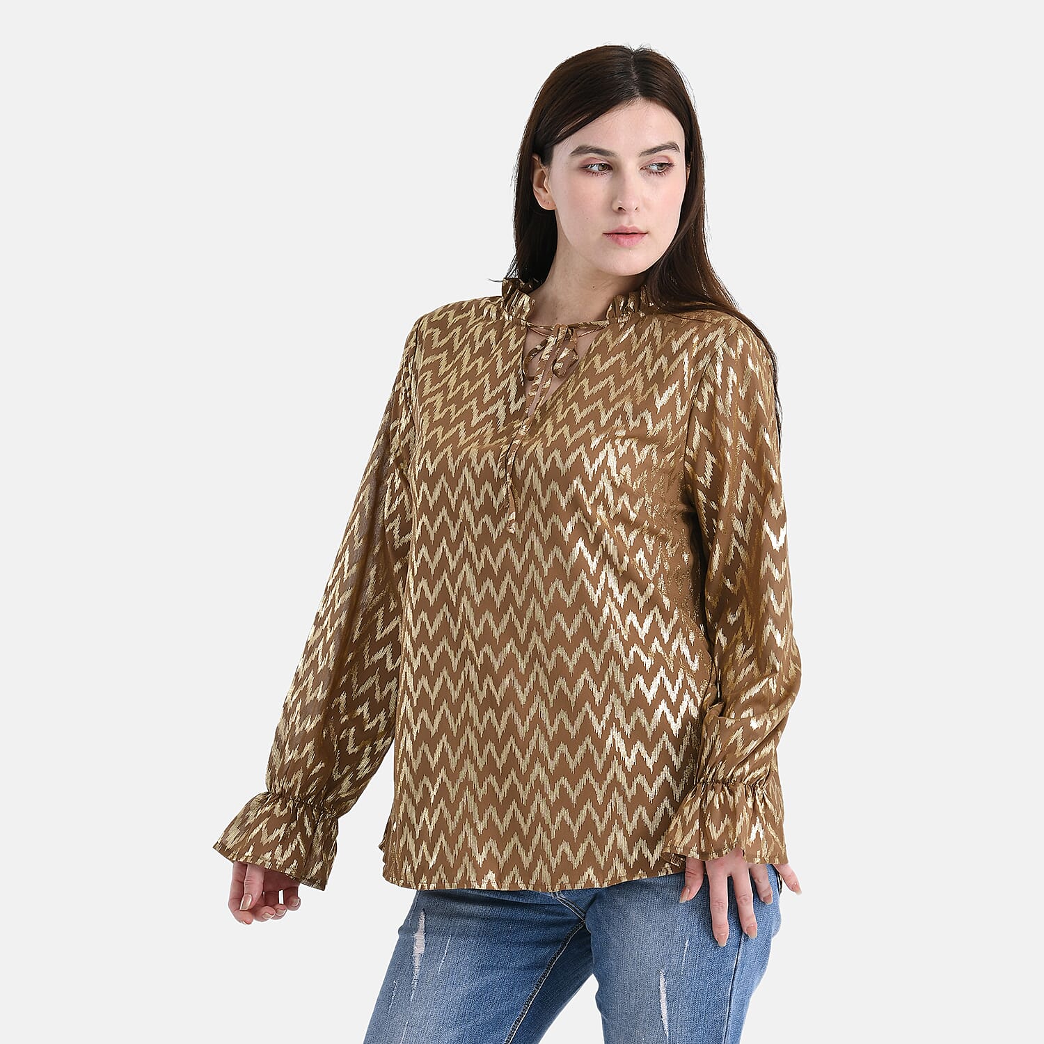 La Marey Gold Foil Wave Pattern Crepe Blouse (Size L, 16 to 18) - Brown 8224282 4