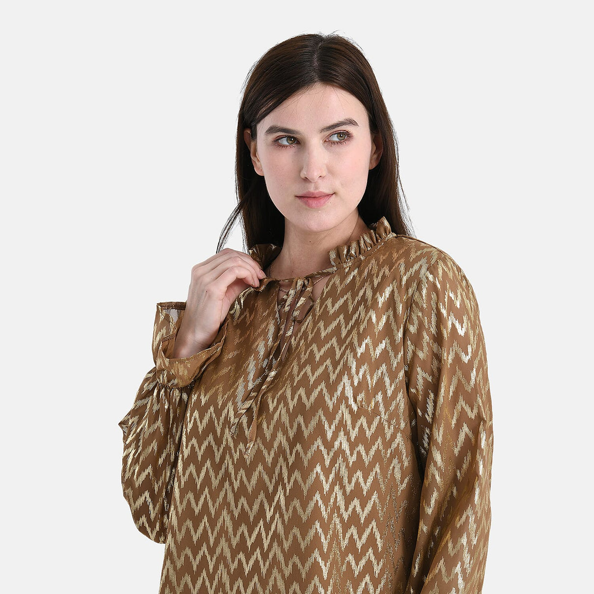 La Marey Gold Foil Wave Pattern Crepe Blouse (Size L, 16 to 18) - Brown 8224282 5