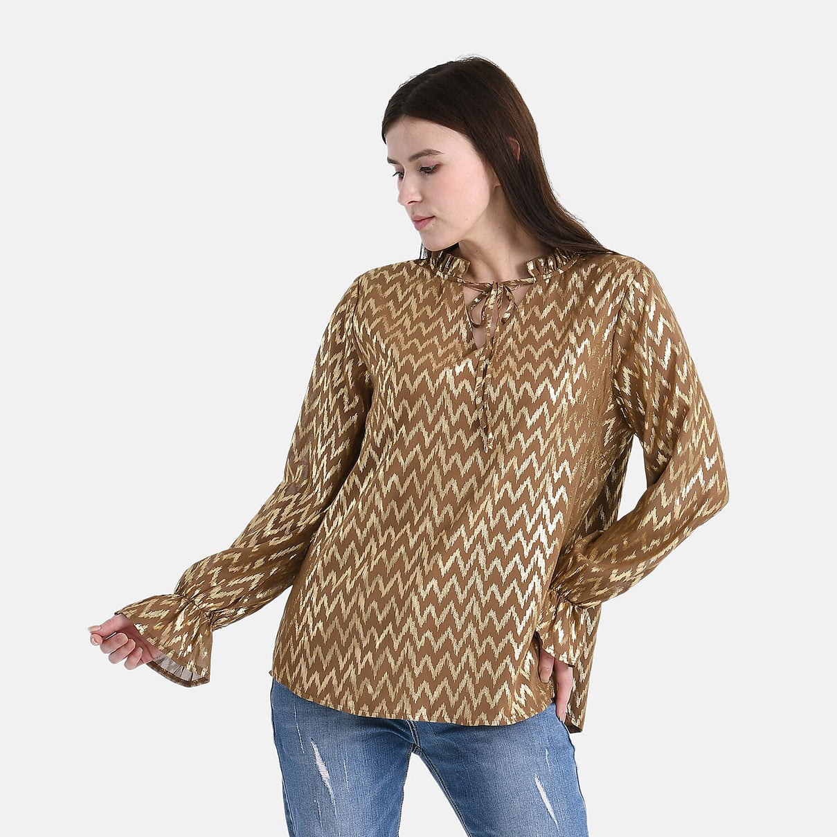 La Marey Gold Foil Wave Pattern Crepe Blouse (Size S, 8 to 10) - Brown V32534757 0