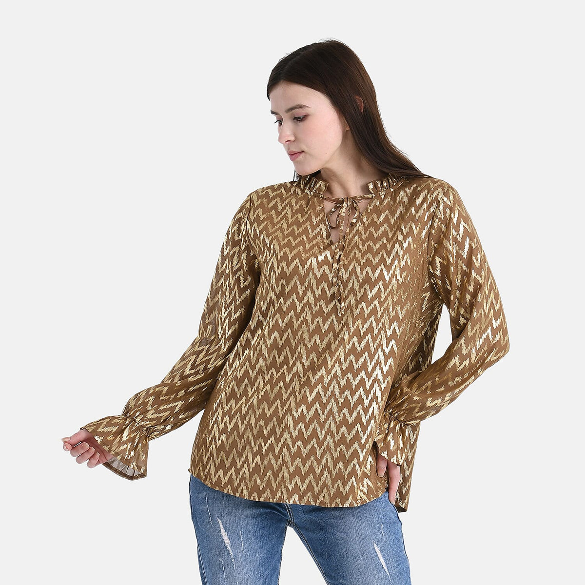 La Marey Gold Foil Wave Pattern Crepe Blouse (Size S, 8 to 10) - Brown V32534757 0