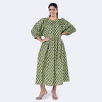 La Marey Womens Hand Block Print Cotton Dress (Size XXL) - Green