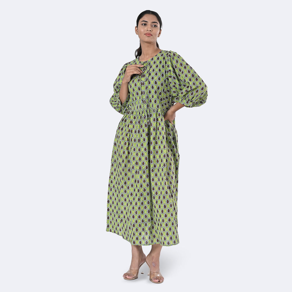 La Marey Womens Hand Block Print Cotton Dress (Size XXL) - Green