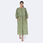 La Marey Womens Hand Block Print Cotton Dress (Size XXL) - Green