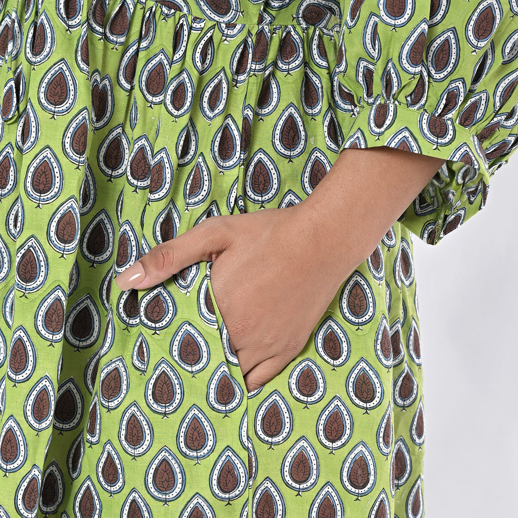 La Marey Womens Hand Block Print Cotton Dress (Size XXL) - Green
