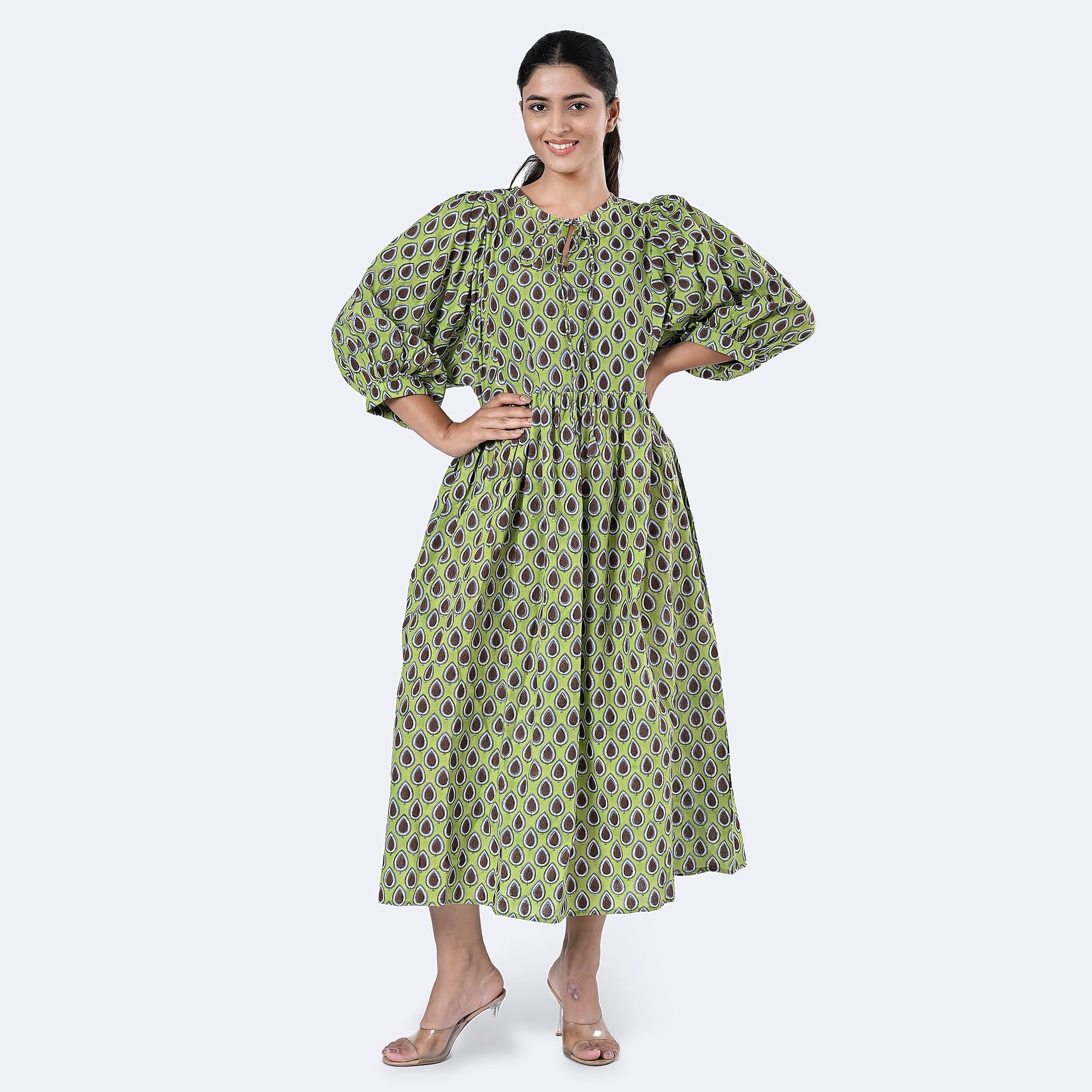 La Marey Womens Hand Block Print Cotton Dress (Size XL) - Green 7989959 0