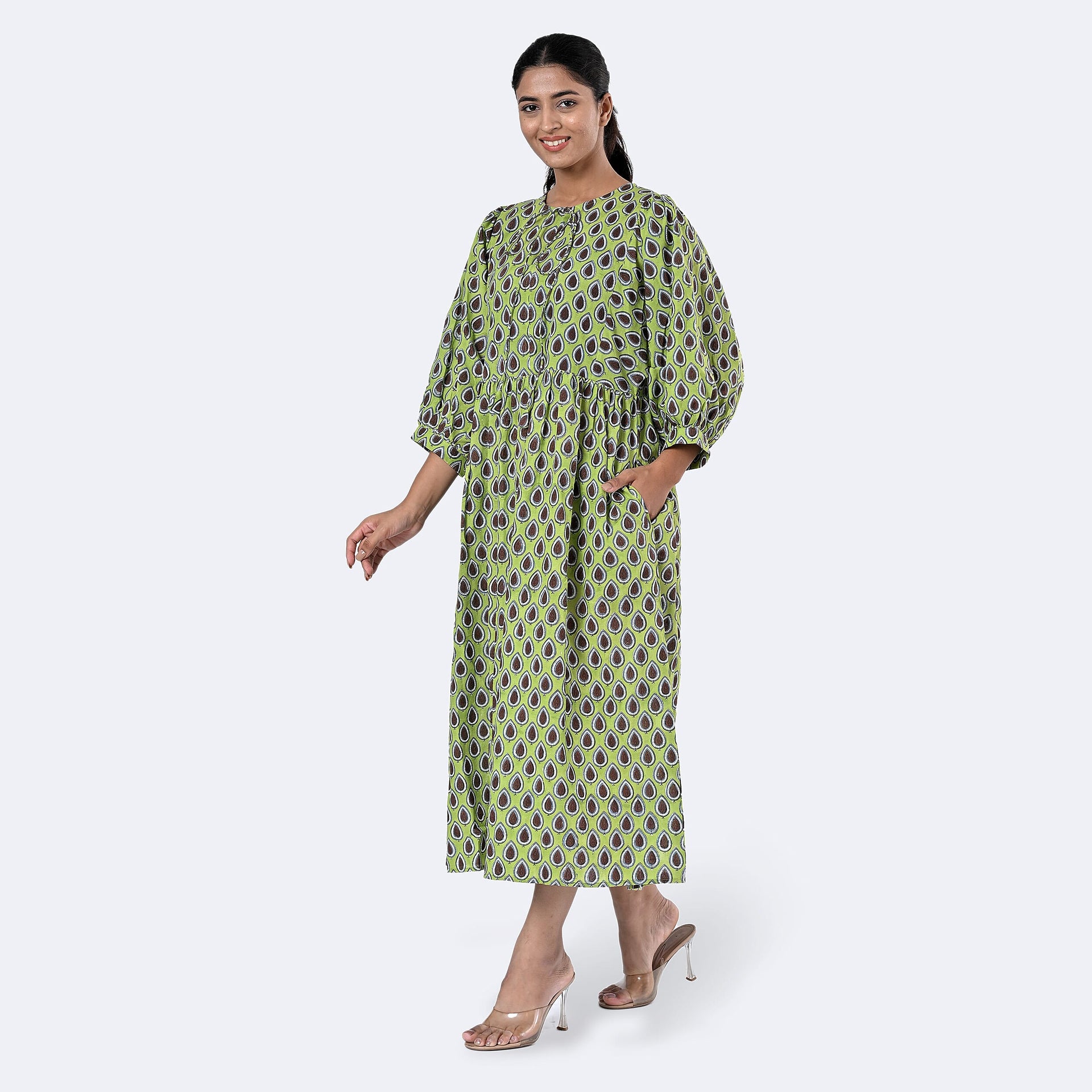 La Marey Womens Hand Block Print Cotton Dress (Size XL) - Green 7989959 2