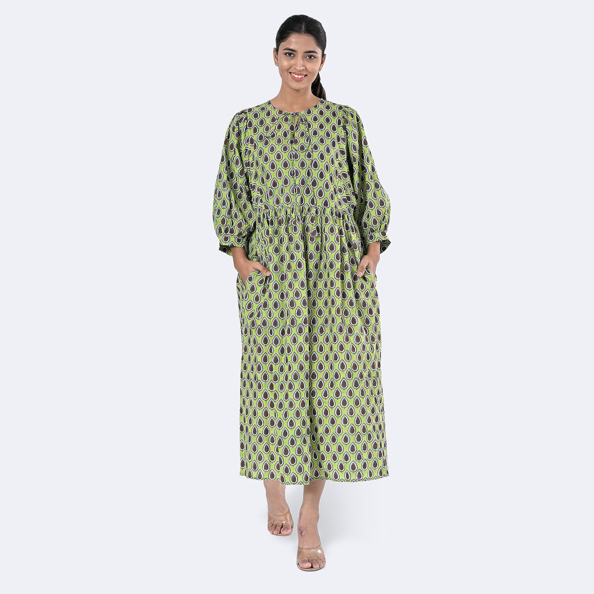 La Marey Womens Hand Block Print Cotton Dress (Size XL) - Green 7989959 7