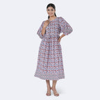 La Marey Womens Hand Block Print Cotton Dress with Bottom & Sleeve Hem Border (Size M) - Purple
