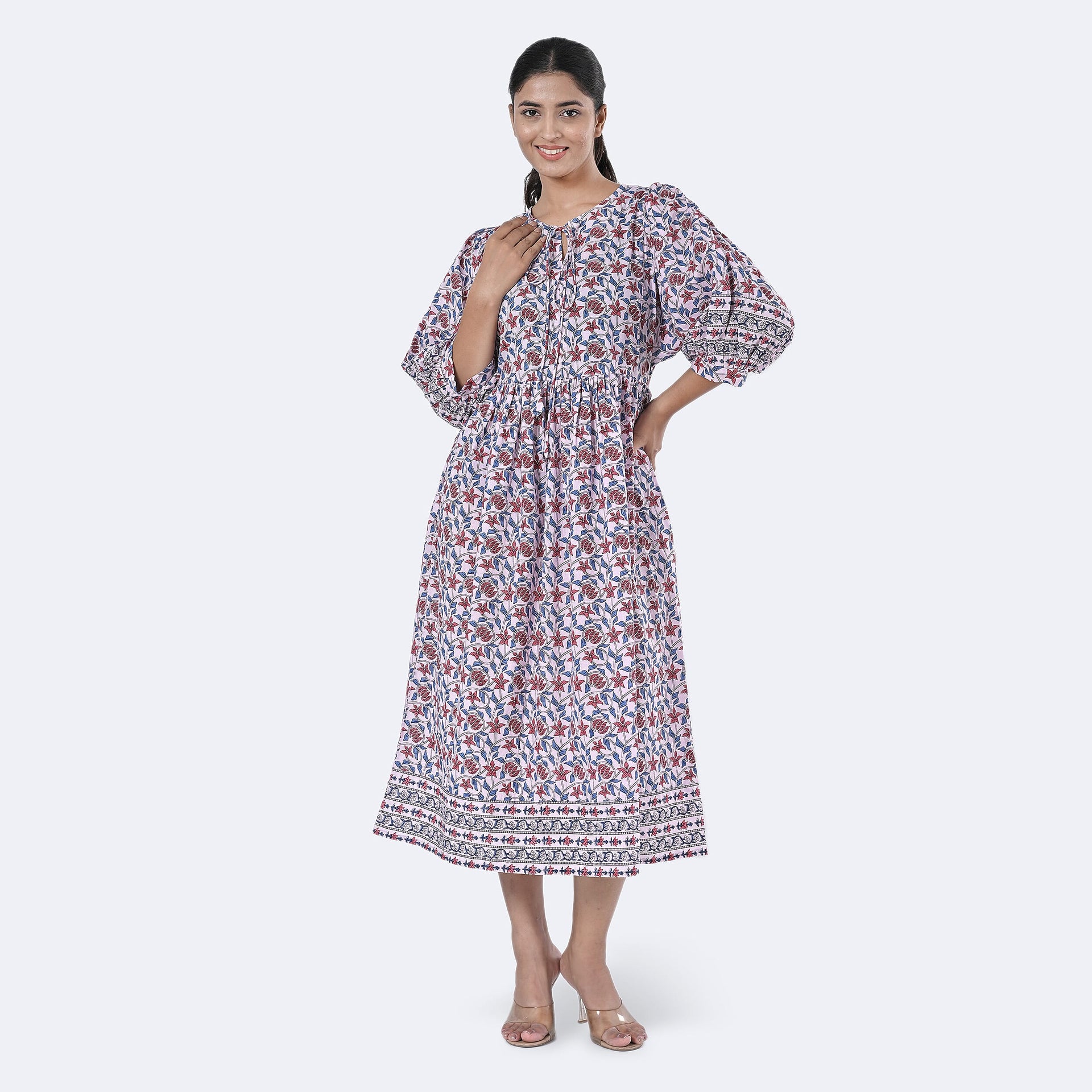 La Marey Womens Hand Block Print Cotton Dress with Bottom &amp; Sleeve Hem Border (Size M) - Purple 7989983 0