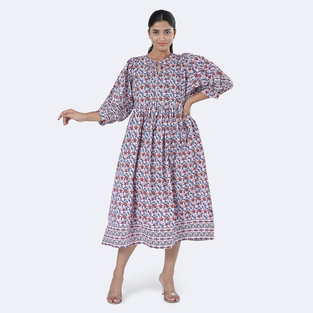 La Marey Womens Hand Block Print Cotton Dress with Bottom & Sleeve Hem Border (Size M) - Purple