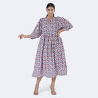 La Marey Womens Hand Block Print Cotton Dress with Bottom & Sleeve Hem Border (Size M) - Purple
