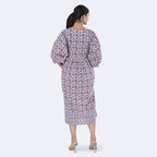 La Marey Womens Hand Block Print Cotton Dress with Bottom & Sleeve Hem Border (Size M) - Purple