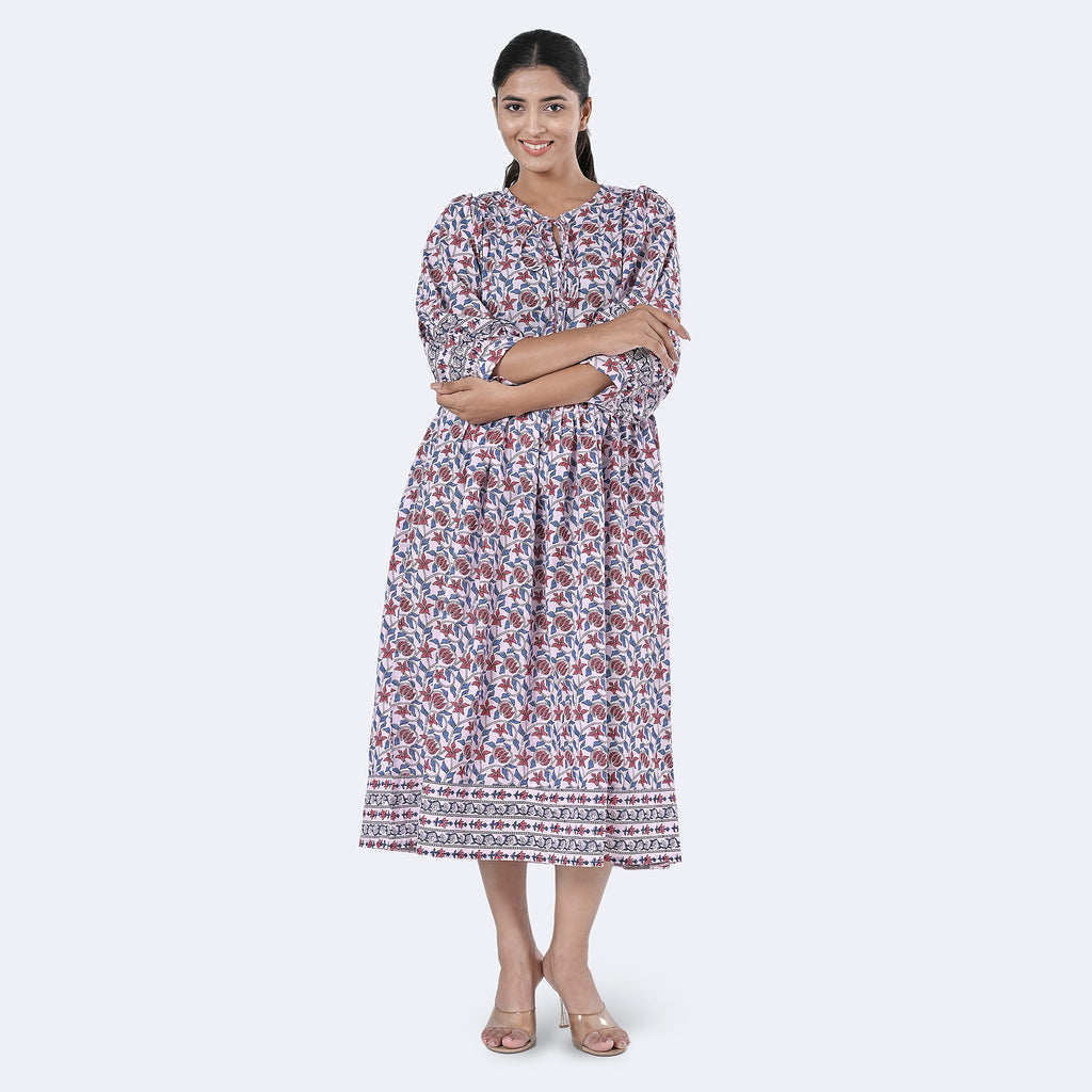 La Marey Womens Hand Block Print Cotton Dress with Bottom & Sleeve Hem Border (Size M) - Purple